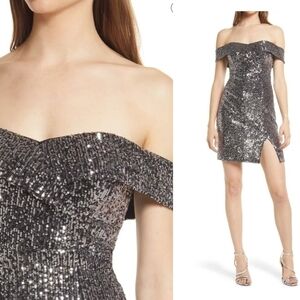 Lulu's Once in a Lifetime Silver Sequin Off-the-Shoulder Mini Dress Small